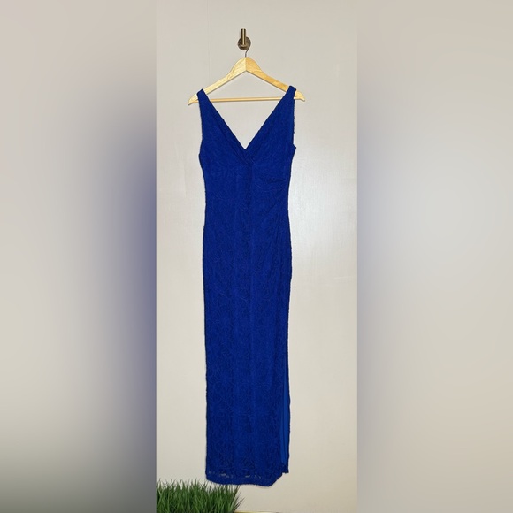 Lauren Ralph Lauren Royal Blue Lace Maxi Dress V-Neck Formal Evening Gown Size 8 - Picture 2 of 10
